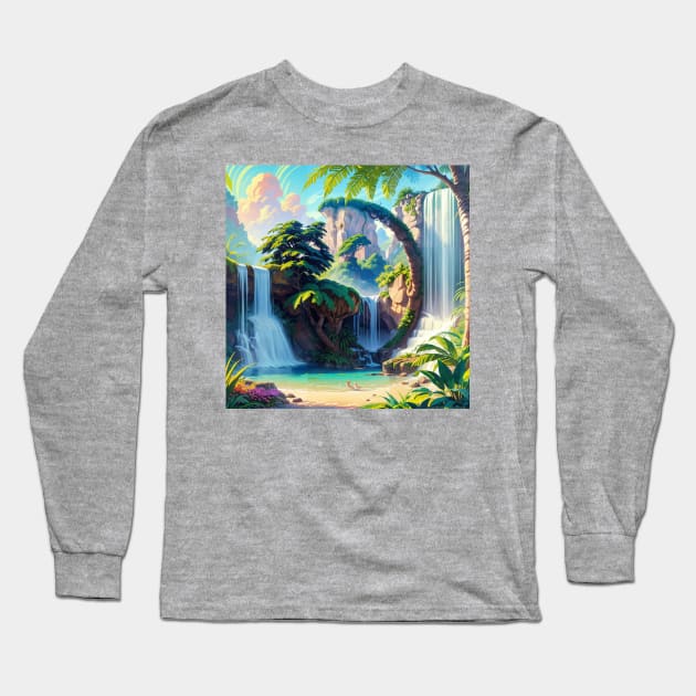 Verdant Jungle Waterfall Illustration with a Hidden Cat Outline Long Sleeve T-Shirt by ravel.live